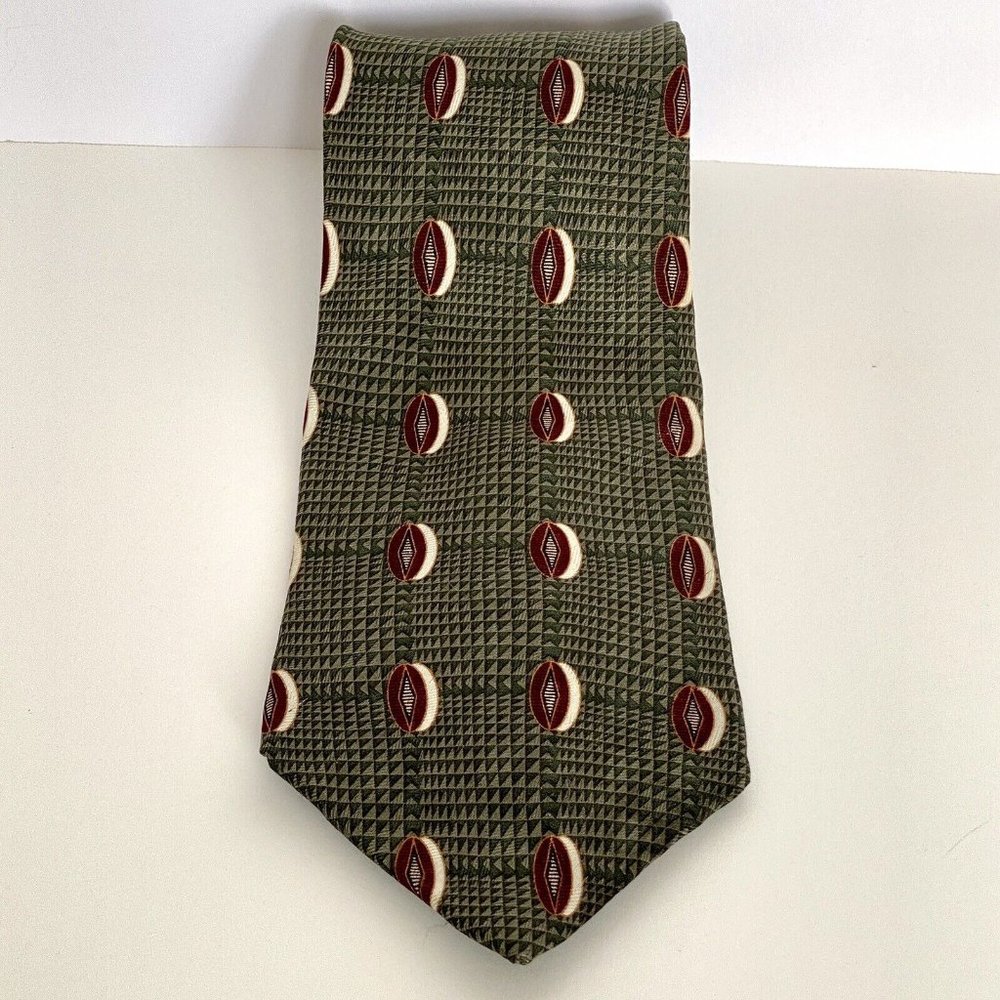 Vintage Bill Blass Black Label 100% Silk Green Brown Cream Geometric Necktie